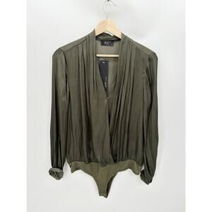 Reset Olive Green Satin Long Sleeve Wren Bodysuit Flowy Loose Women L NWT